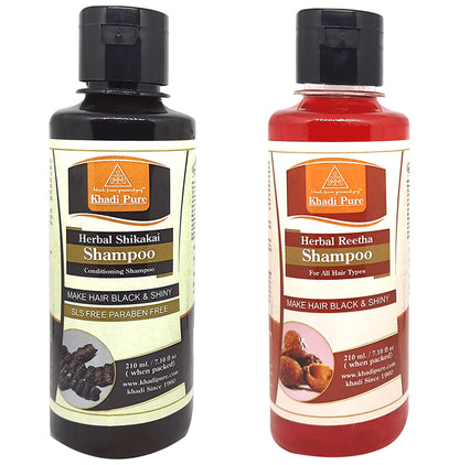 Khadi Pure Combo Pack of Herbal Reetha Shampoo & Herbal Shikakai Shampoo SLS Free & Paraben Free (210ml Each) - Classic Derma
