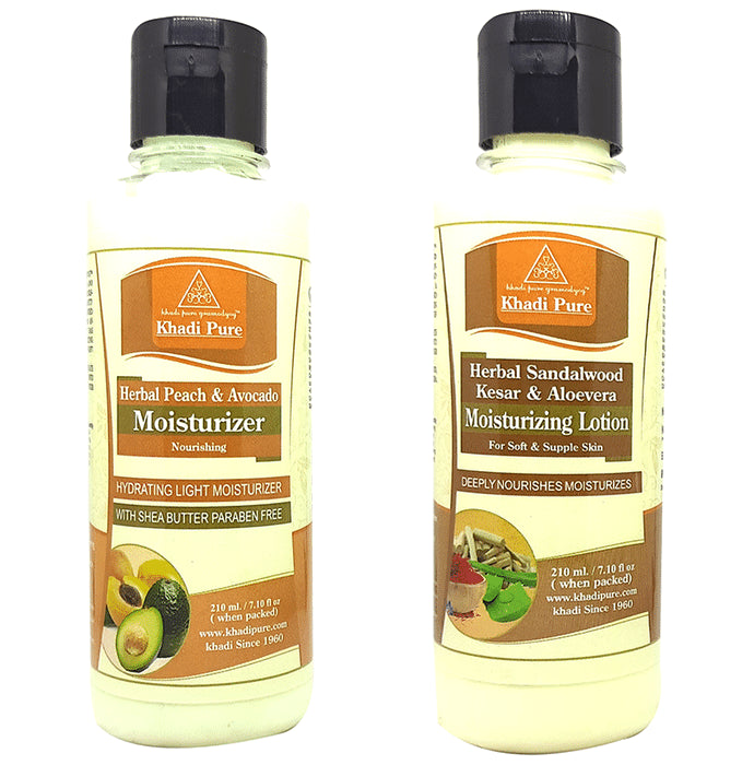 Khadi Pure Combo Pack of Herbal Sandalwood Kesar & Aloevera Moisturizing Lotion & Herbal Peach & Avocado Moisturizer (210ml Each) - Classic Derma