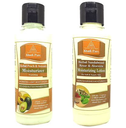 Khadi Pure Combo Pack of Herbal Sandalwood Kesar & Aloevera Moisturizing Lotion & Herbal Peach & Avocado Moisturizer (210ml Each) - Classic Derma
