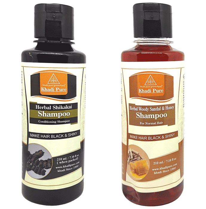 Khadi Pure Combo Pack of Herbal Shikakai Shampoo & Herbal Woody Sandal & Honey Shampoo (210ml Each) - Classic Derma