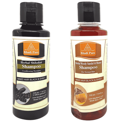 Khadi Pure Combo Pack of Herbal Shikakai Shampoo & Herbal Woody Sandal & Honey Shampoo (210ml Each) - Classic Derma