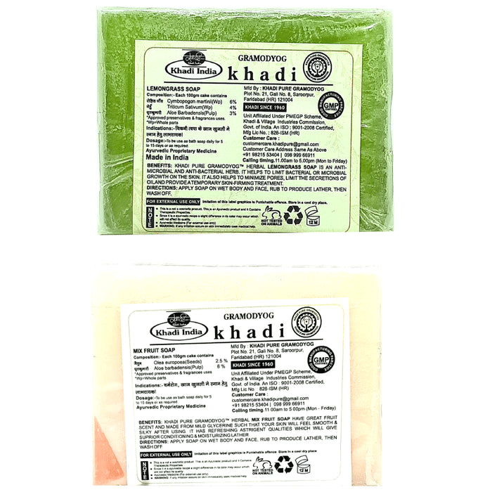 Khadi Pure Combo Pack of Lemongrass Soap & Mix Fruit Soap (125gm Each)