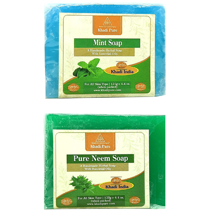 Khadi Pure Combo Pack of Mint Soap & Pure Neem Soap (125gm Each) - Classic Derma