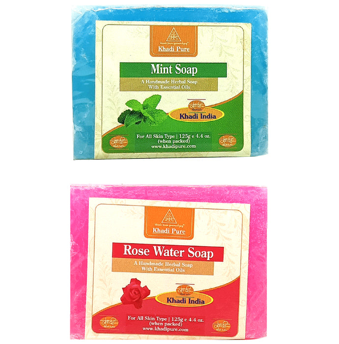 Khadi Pure Combo Pack of Mint Soap & Rose Water Soap (125gm Each) - Classic Derma
