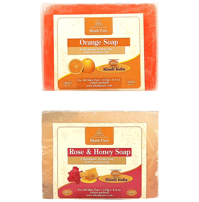 Khadi Pure Combo Pack of Orange Soap & Rose & Honey Soap (125gm Each) - Classic Derma