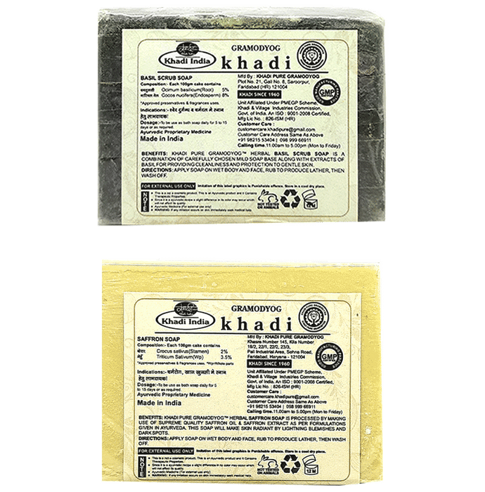 Khadi Pure Combo Pack of Saffron Soap & Basil Scrub Soap (125gm Each) - Classic Derma