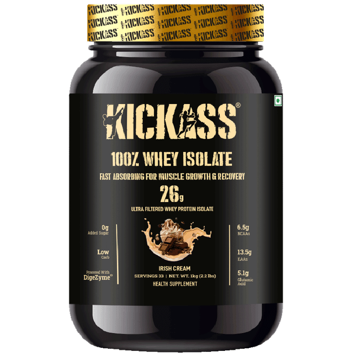Kickass 100% Whey Isolate Fast Absorbing for Muscle Growth & Recovery Powder Irish Cream - Classic Derma