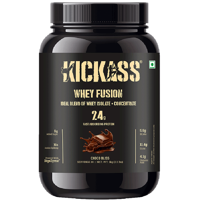Kickass Whey Fusion Ideal Blend Of Whey Isolate + Concentrate Powder Choco Bliss - Classic Derma