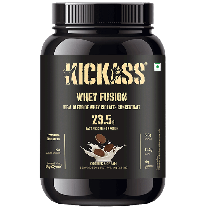 Kickass Whey Fusion Ideal Blend Of Whey Isolate + Concentrate Powder Cookies & Cream - Classic Derma
