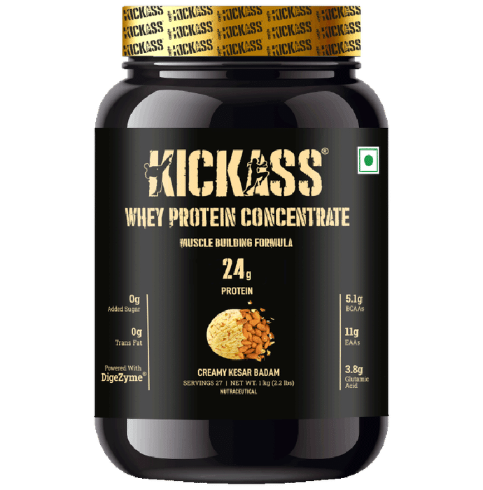 Kickass Whey Protein Concentrate Muscle Building Formula Powder Creamy Kesar Badam - Classic Derma