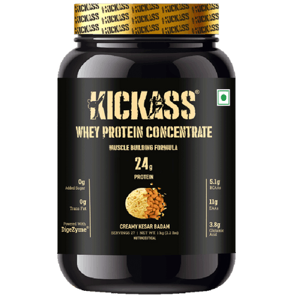 Kickass Whey Protein Concentrate Muscle Building Formula Powder Creamy Kesar Badam - Classic Derma