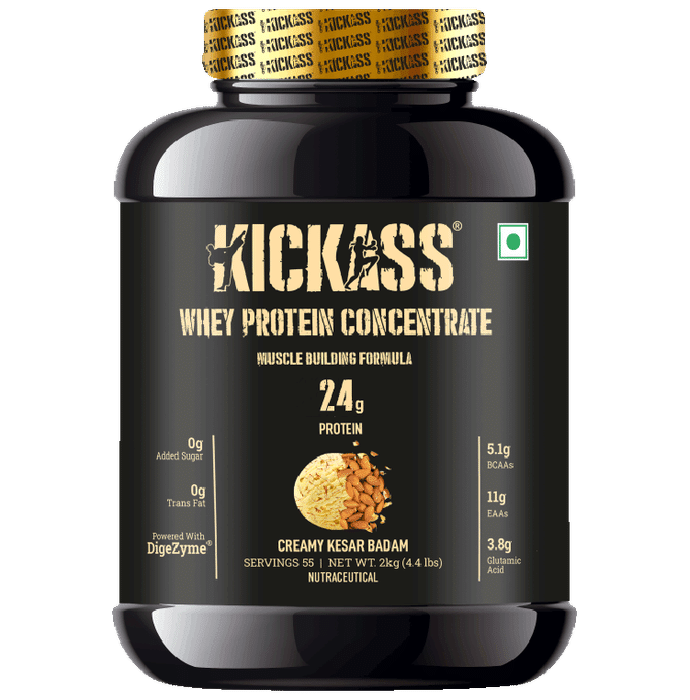 Kickass Whey Protein Concentrate Muscle Building Formula Powder Creamy Kesar Badam - Classic Derma