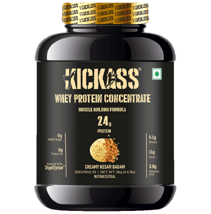 Kickass Whey Protein Concentrate Muscle Building Formula Powder Creamy Kesar Badam - Classic Derma