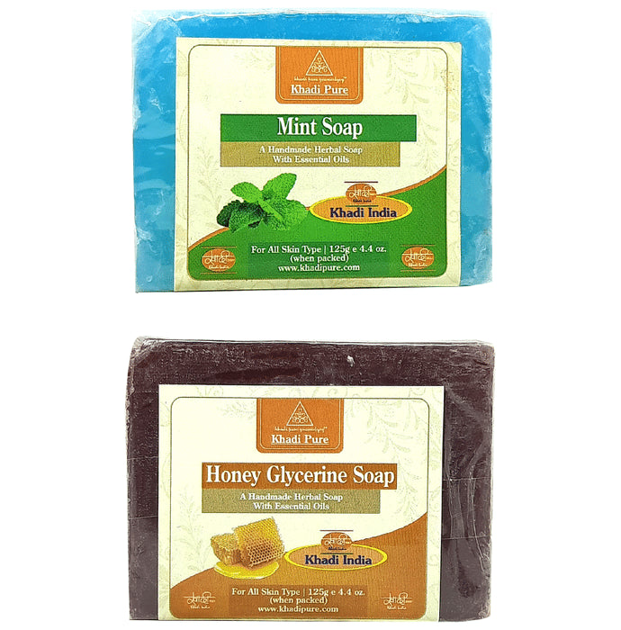 Khadi Pure Combo Pack of Mint Soap & Honey Glycerine Soap (125gm Each) - Classic Derma