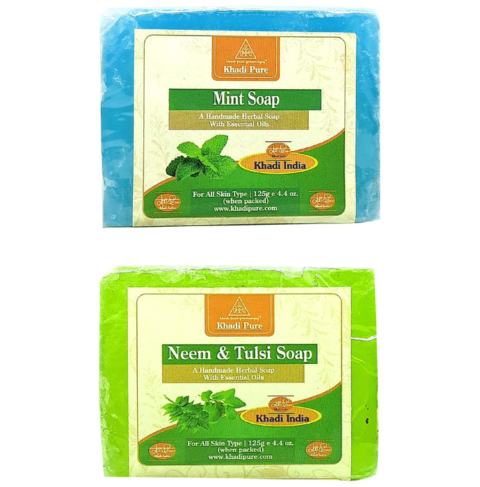 Khadi Pure Combo Pack of Mint Soap & Neem & Tulsi Soap (125gm Each) - Classic Derma