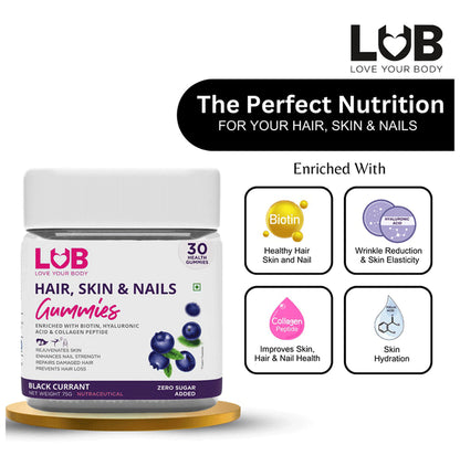 LUB Love Your Body Hair, Skin & Nails Gummies (30 Each) Black Currant Zero Sugar
