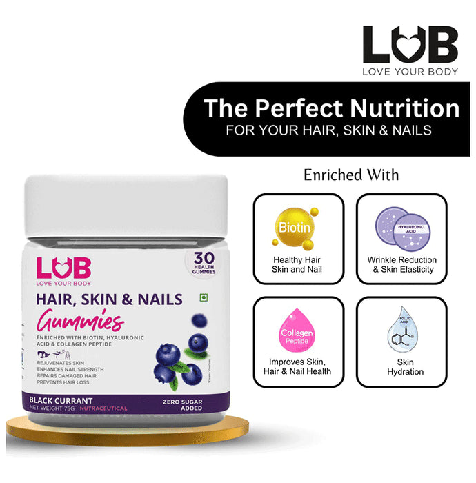 LUB Love Your Body Hair, Skin & Nails Gummies (30 Each) Black Currant Zero Sugar