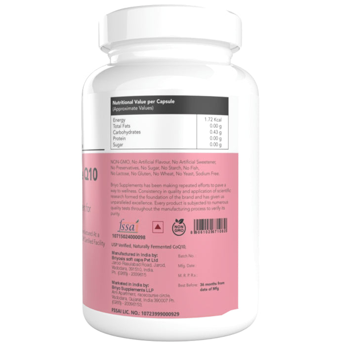 Briyo CoQ10 200 mg Soft gel, Naturally Fermented: Enhanced Absorption Formula for Heart Health, Energy Boost, and Antioxidant Support