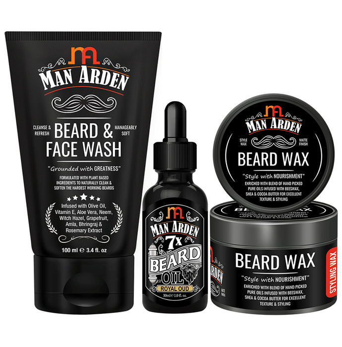 Man Arden Combo Pack of Beard & Face Wash 100ml, Beard oil 30ml & Beard Wax 50gm - Classic Derma