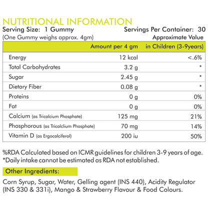 Meadbery Mango & Strawberry Kids Calcium with Vitamin D Gluten Free Gummy