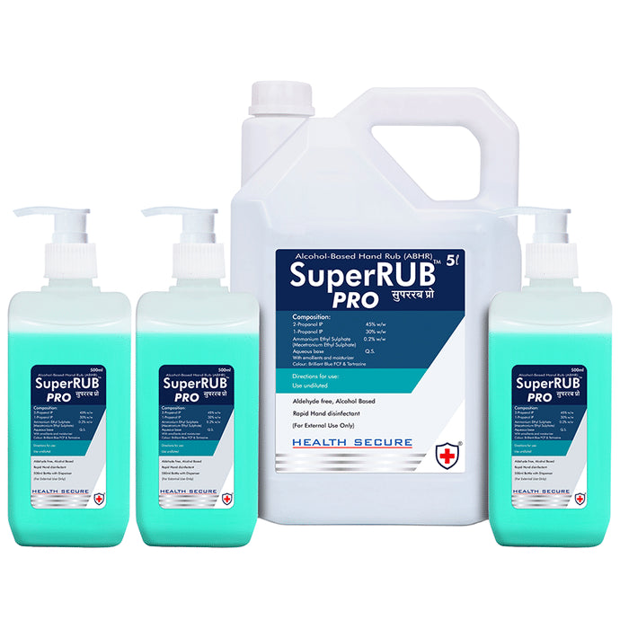 Super Rub Combo Pack of Pro Alcohol Based Rapid Hand Disinfectant 3x500ml with 5ltr Can - Classic Derma