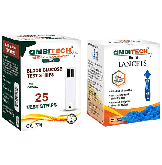 Ambitech Combo Pack of 25 Blood Glucose Test Strip & 25 Round Lancet - Classic Derma