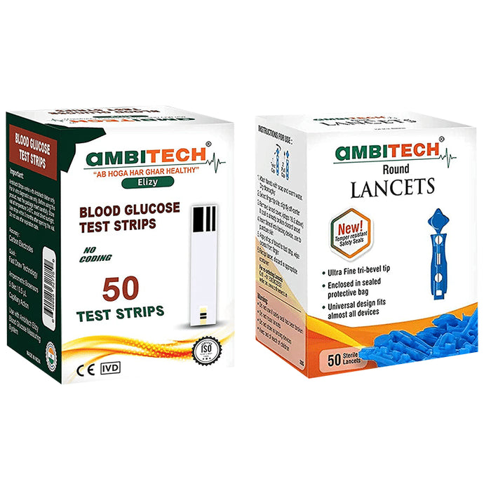 Ambitech Combo Pack of 50 Blood Glucose Test Strip & 50 Round Lancet - Classic Derma