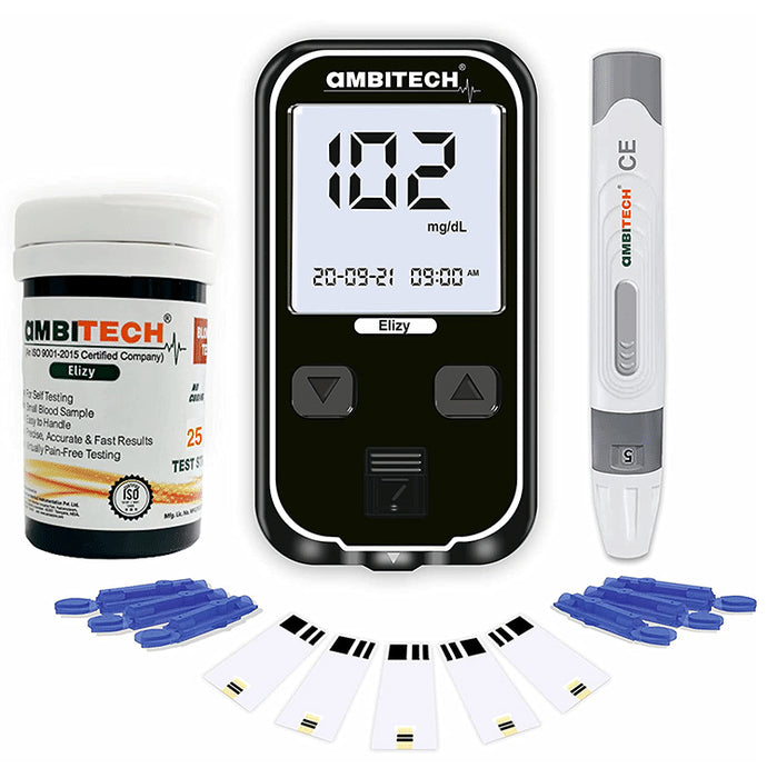 Ambitech Elizy Blood Glucometer Kit with 25 Strips & 25 Lancets - Classic Derma