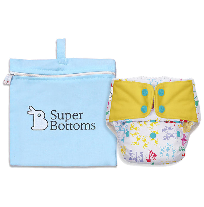 Superbottoms UNO Washable & Reusable Adjustable Cloth Diaper with Dry Feel Pads Set Free Size White warli - Classic Derma