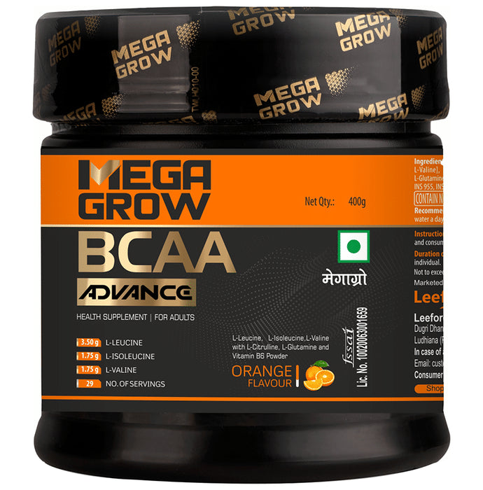 Megagrow BCAA Advance Supplement Powder for Fast Recovery & Muscle Growth Orange - Classic Derma
