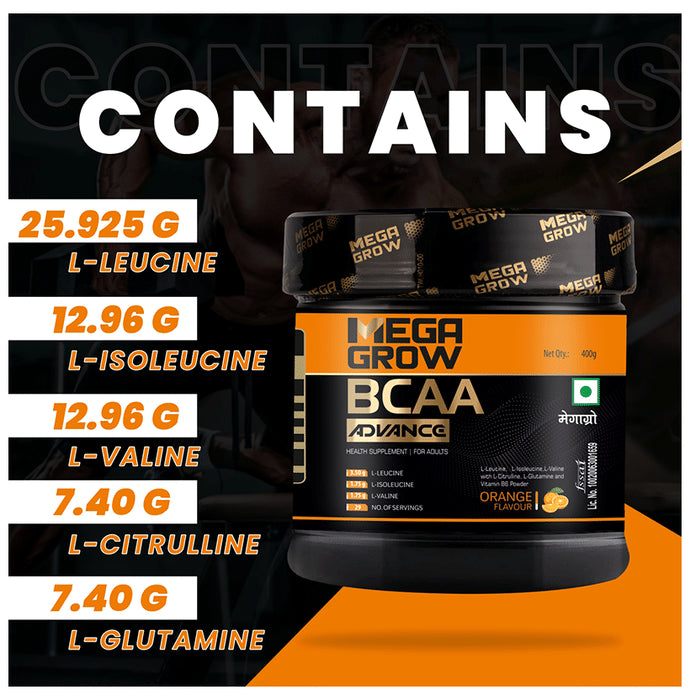 Megagrow BCAA Advance Supplement Powder for Fast Recovery & Muscle Growth Orange