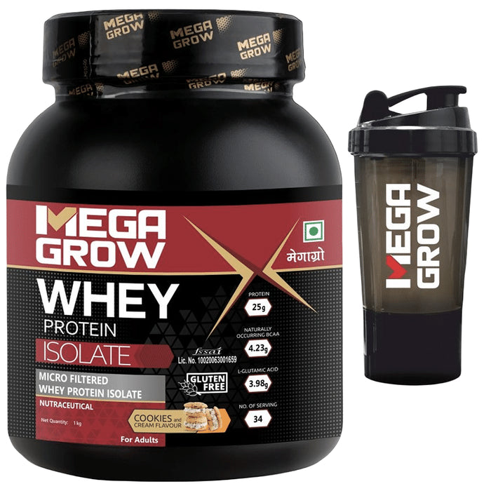 Megagrow Whey Protein Isolate Powder with Shaker Cookie and Cream - Classic Derma