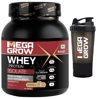 Megagrow Whey Protein Isolate Powder with Shaker Cookie and Cream - Classic Derma