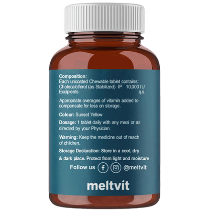 Meltvit Vitamin D3 Cholecalciferol 10000IU for Immunity, Bones, Joints, Muscles & Teeth | Flavour Chewable Tablet Orange