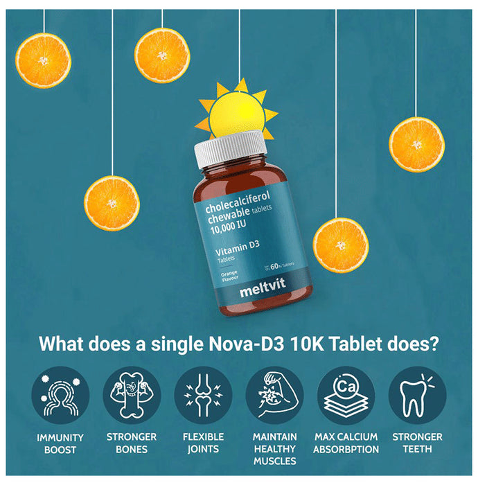 Meltvit Vitamin D3 Cholecalciferol 10000IU for Immunity, Bones, Joints, Muscles & Teeth | Flavour Chewable Tablet Orange