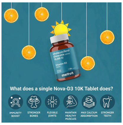Meltvit Vitamin D3 Cholecalciferol 10000IU for Immunity, Bones, Joints, Muscles & Teeth | Flavour Chewable Tablet Orange
