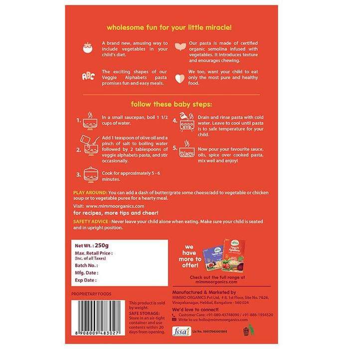 Mimmo Organics Wholesome Pasta (9 Months & Up) Veggie Alphabets