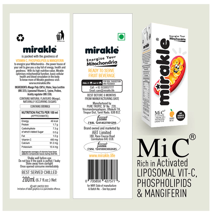 Mirakle Liposomal Vit-C, Phospholipids & Mangiferin Drink (200ml Each) Mango No Added Sugar
