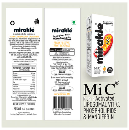 Mirakle Liposomal Vit-C, Phospholipids & Mangiferin Drink (200ml Each) Mango No Added Sugar