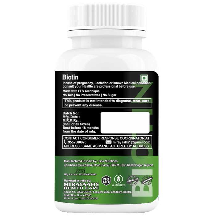 Mirayaahs Biotin 1000mcg Tablet Sugar Free