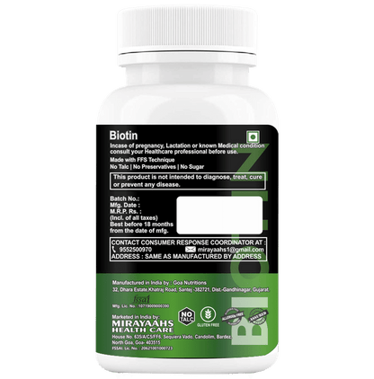 Mirayaahs Biotin 1000mcg Tablet Sugar Free