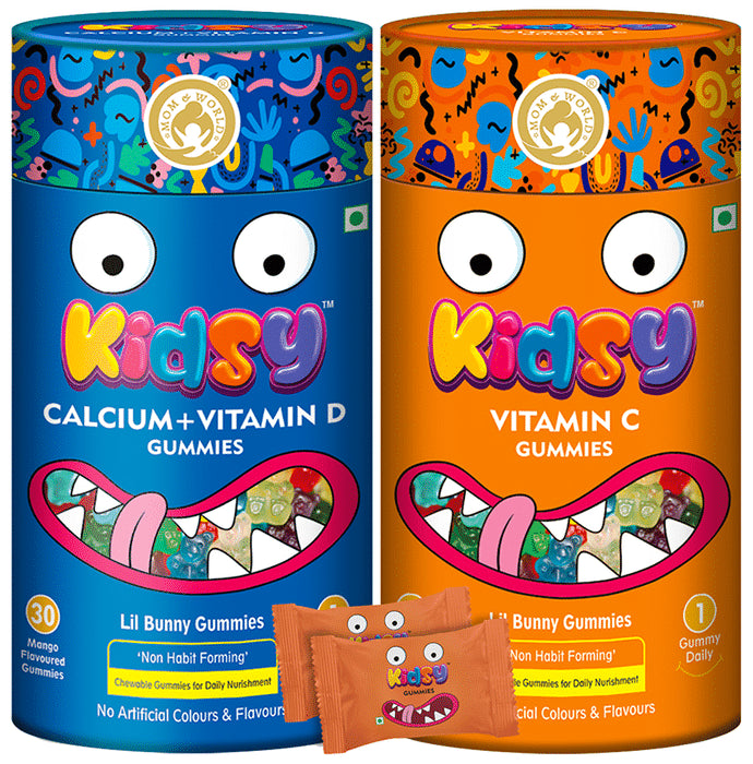 Mom & World Combo Pack of Kidsy Calcium + Vitamin D and Vitamin C Gummies (30 Each) Mango & Orange - Classic Derma