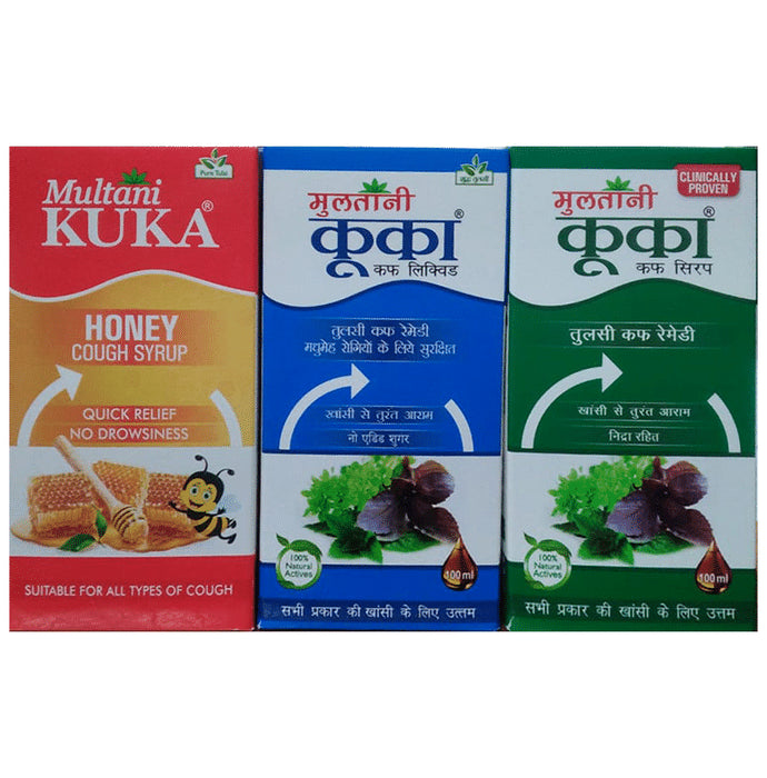 Multani Combo Pack of Kuka Cough Syrup, Kuka Honey & Kuka Cough Liquid Sugar Free (Each 100 ml) - Classic Derma