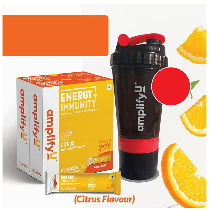 AmplifyU Energy + Immunity Powder 8gm Sachet (10 Each) with Free Sipper Citrus