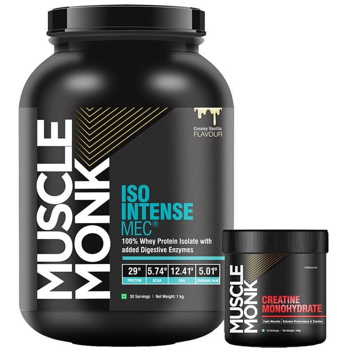 Muscle Monk Combo Pack of Iso Intense MEC 100% Whey Protein Isolate Creamy Vanilla 1kg & Creatine Monohydrate Unflavoured 100gm - Classic Derma