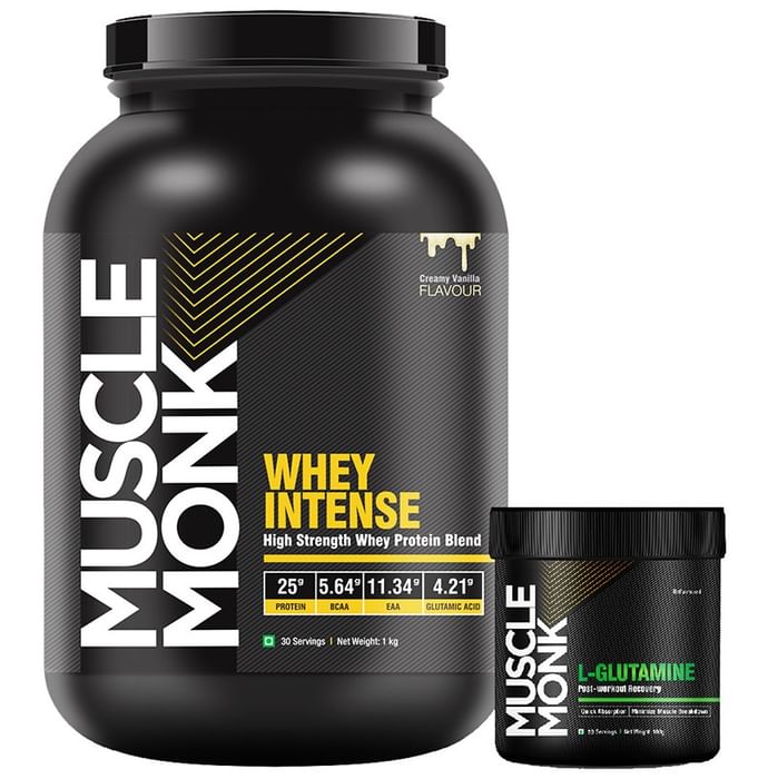 Muscle Monk Combo Pack of Whey Intense High Strength Whey Protein Blend Creamy Vanilla 1kg & L-Glutamine Unflavoured 100gm - Classic Derma