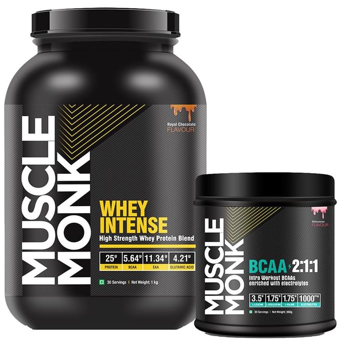 Muscle Monk Combo Pack of Whey Intense High Strength Whey Protein Blend Royal Chocolate 1kg & BCAA 2:1:1 Watermelon 300gm - Classic Derma