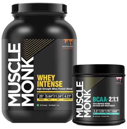 Muscle Monk Combo Pack of Whey Intense High Strength Whey Protein Blend Royal Chocolate 1kg & BCAA 2:1:1 Watermelon 300gm - Classic Derma