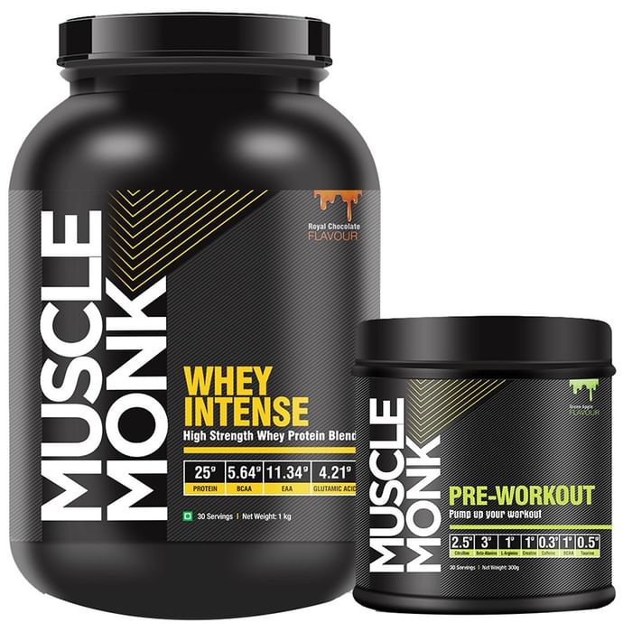 Muscle Monk Combo Pack of Whey Intense High Strength Whey Protein Blend Royal Chocolate 1kg & Pre-Workout Green Apple 300gm - Classic Derma