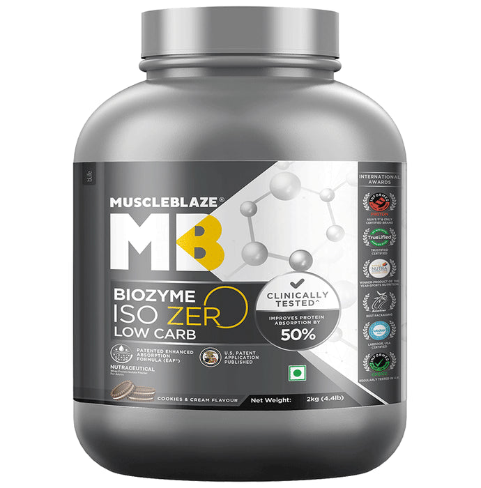 MuscleBlaze Biozyme Iso Zero Low Carb | Improves Protein Absorption by 50% | Flavour Powder Cookie and Cream - Classic Derma